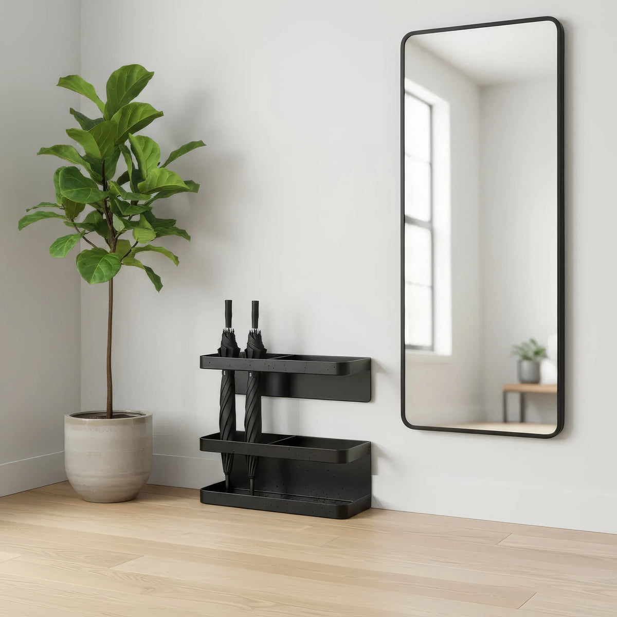 Compacte Parapluhouder Wandmontage Zwart IJzer met Lekbak voor Hal - Ruimtebesparend & Praktisch