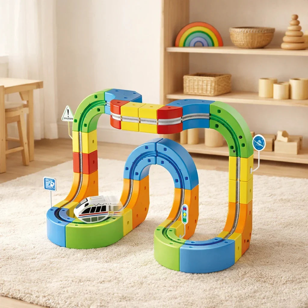 3D Modulair Gemotoriseerd Treinbaanset voor Kinderen - Creatief Bouwspeelgoed met Verticale Lussen en Actie