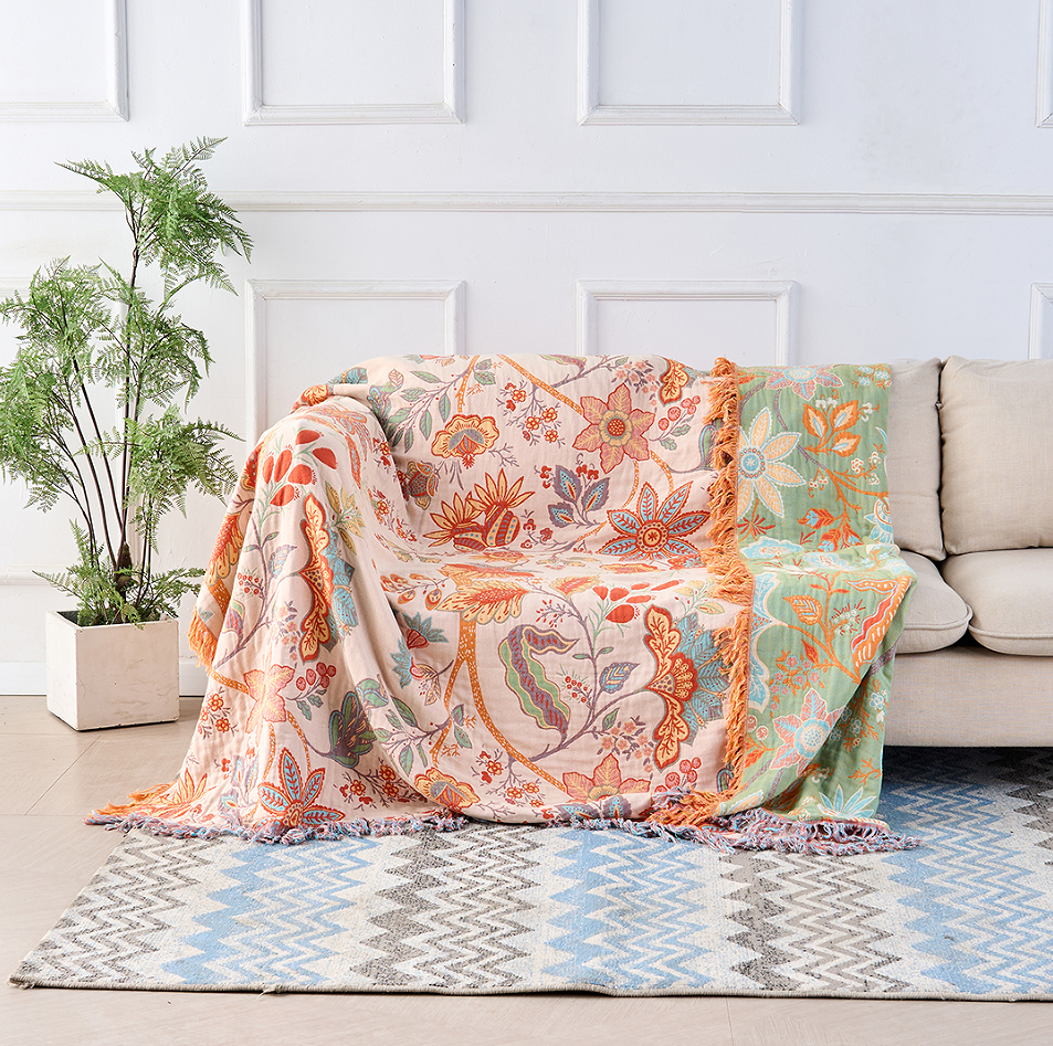 Katoenen Plaid met Boho Bloemenmotief - Oranje en Blauw op Crèmekleurige Ondergrond met Franjes - Decoratieve Sprei voor Bank en Bed