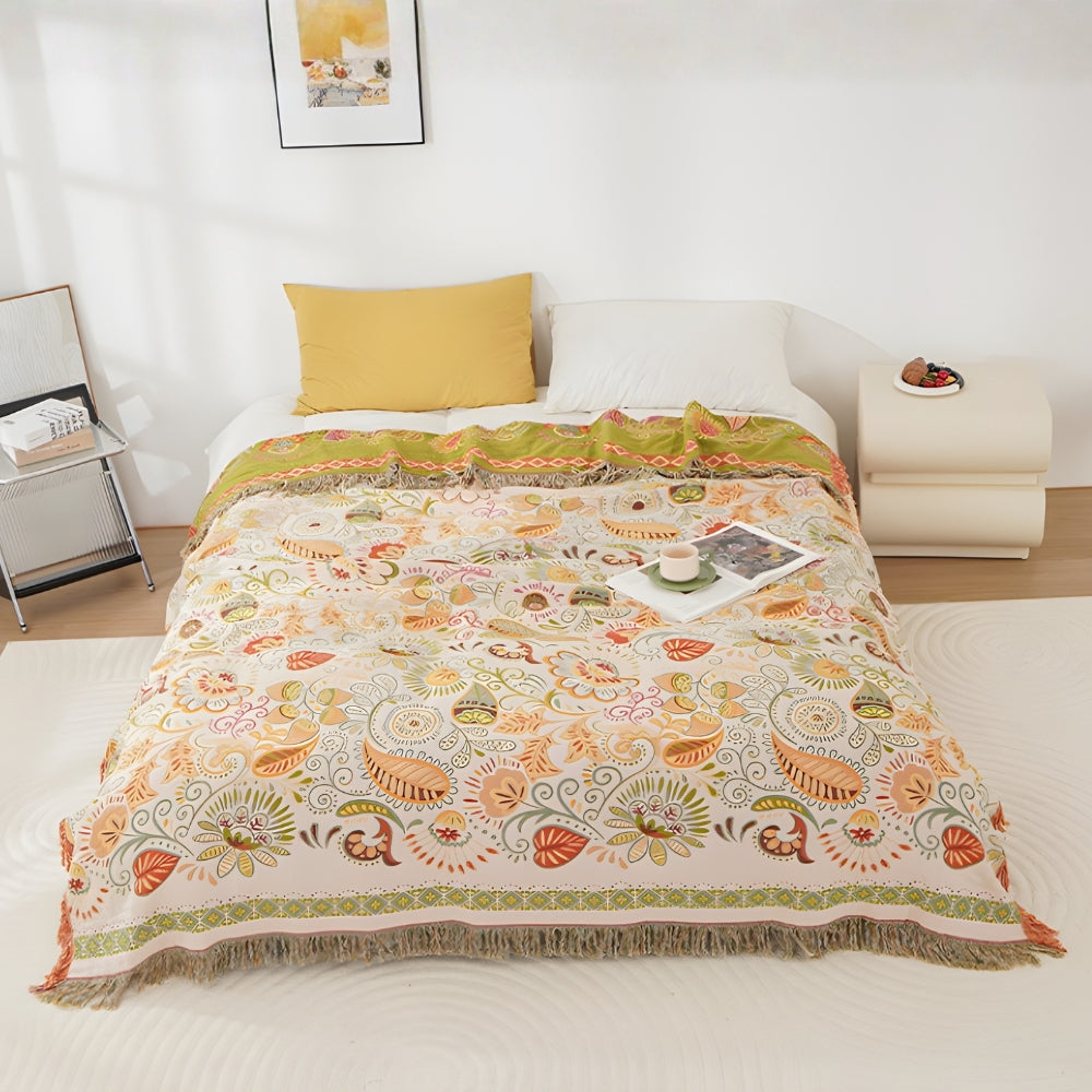 Omkeerbare Bohemien Plaid met Herfstbladeren en Kwastjes - Zachte Katoenen Gauze Deken voor Bank en Bed