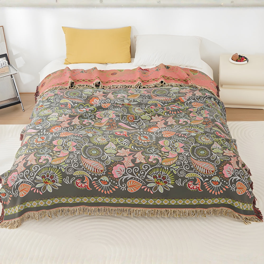 Omkeerbare Bohemien Plaid met Herfstbladeren en Kwastjes - Zachte Katoenen Gauze Deken voor Bank en Bed