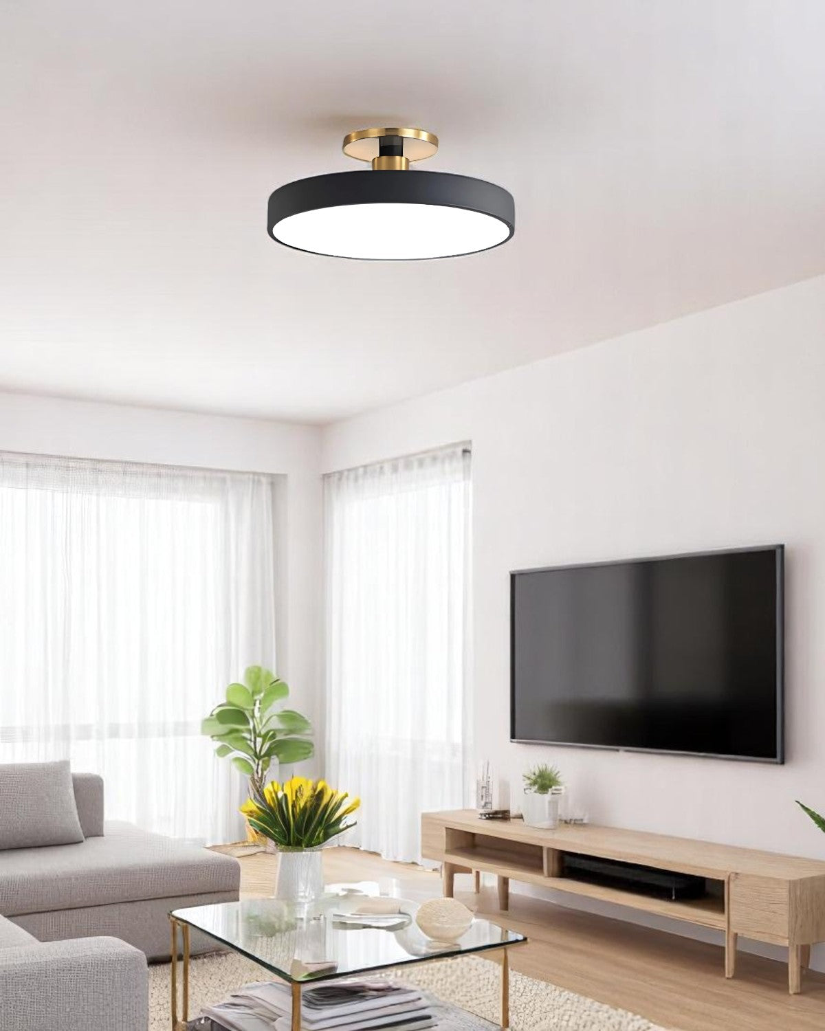 Moderne ronde plafondlamp met goud detail en acryl diffuser - minimalistische semi flush design verlichting voor woonkamer en slaapkamer