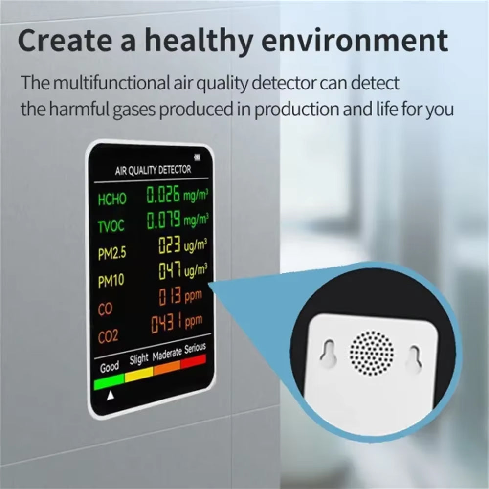 6-in-1 Luchtkwaliteitsmeter CO2 Temperatuur Vochtigheid PM2.5 PM10 TVOC Monitor Realtime Display Binnenklimaat