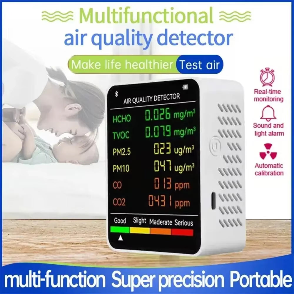 6-in-1 Luchtkwaliteitsmeter CO2 Temperatuur Vochtigheid PM2.5 PM10 TVOC Monitor Realtime Display Binnenklimaat