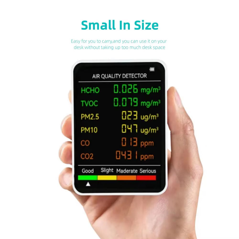6-in-1 Luchtkwaliteitsmeter CO2 Temperatuur Vochtigheid PM2.5 PM10 TVOC Monitor Realtime Display Binnenklimaat