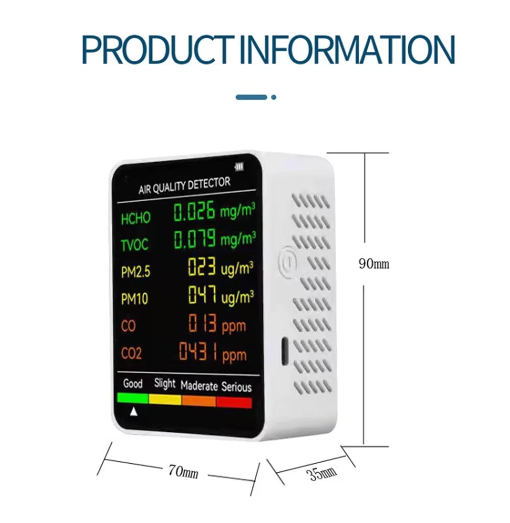 6-in-1 Luchtkwaliteitsmeter CO2 Temperatuur Vochtigheid PM2.5 PM10 TVOC Monitor Realtime Display Binnenklimaat