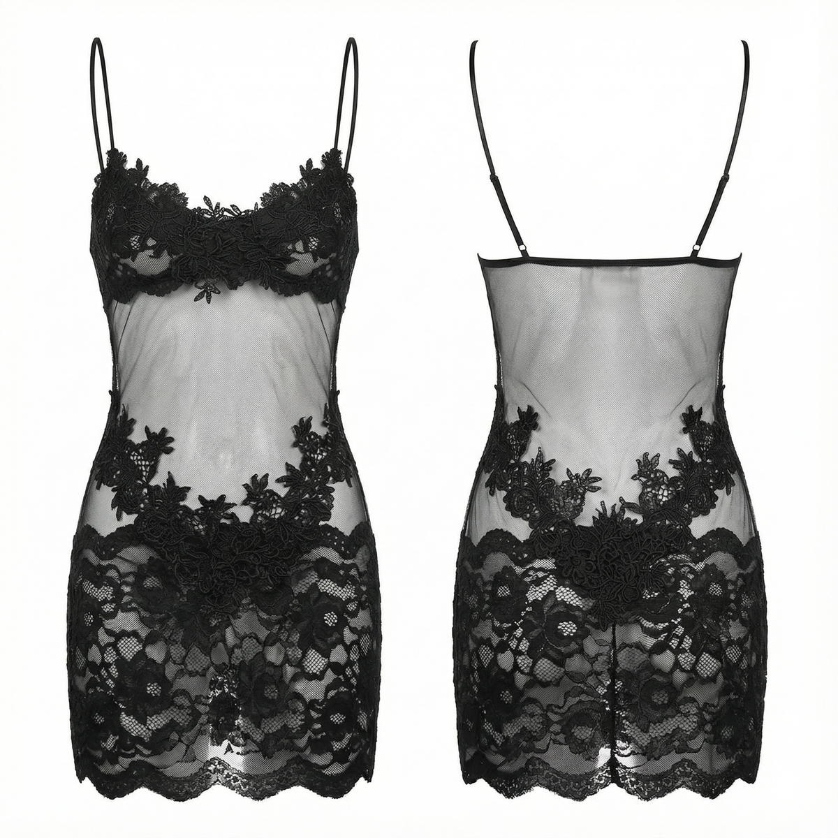 Doorschijnende Geborduurd Kanten Slip Jurk voor Dames - Romantische Lingerie met Verstelbare Bandjes
