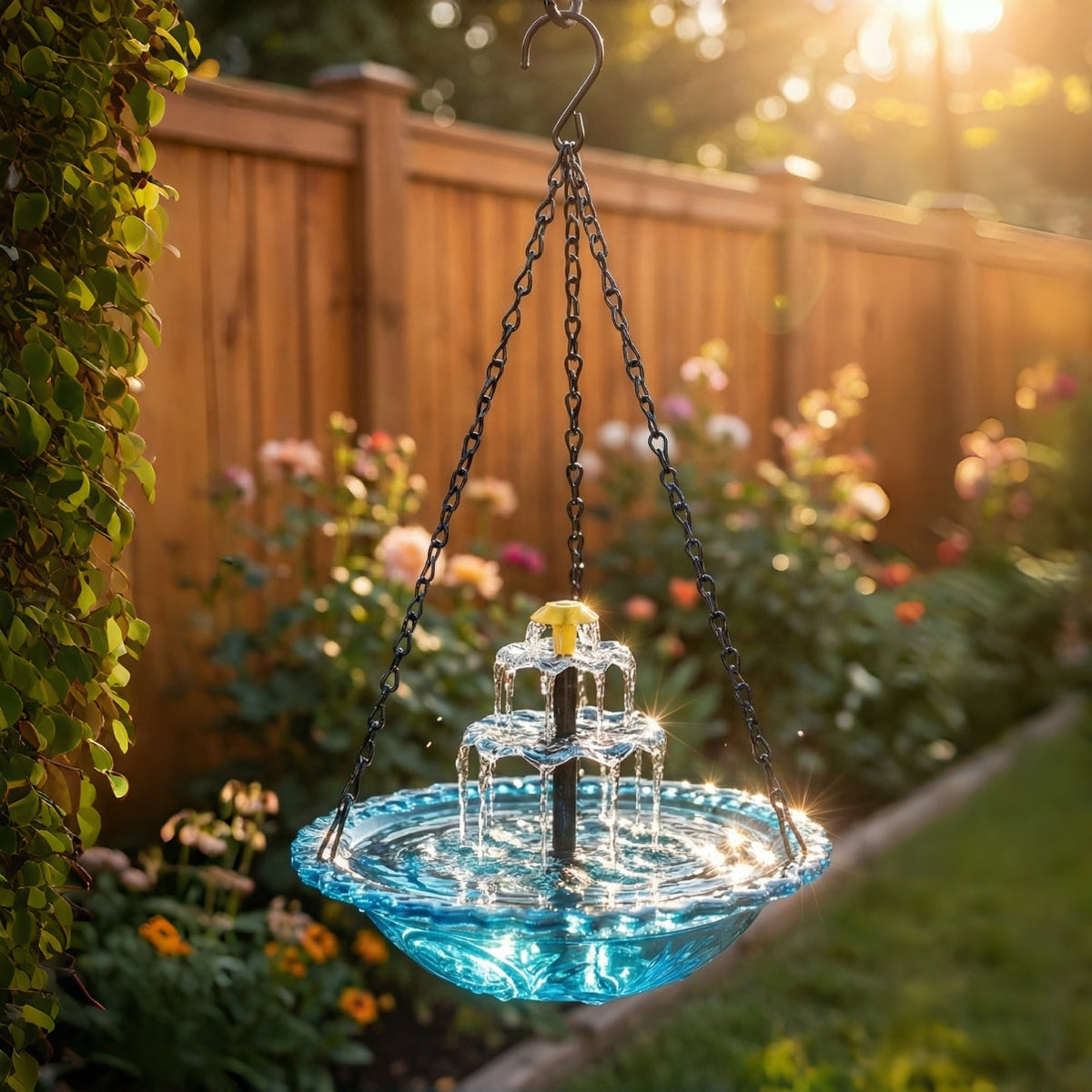 Hangende Vogelbadwaterfontein op Zonne-energie Tweeniveaus Glas Metaal voor Tuin Terras Balkon