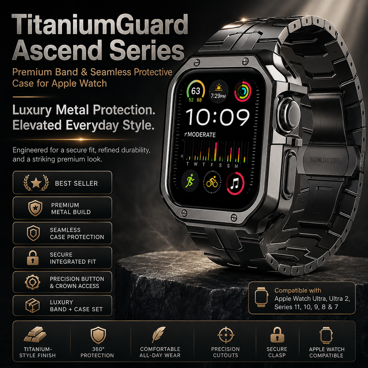 Metalen Schakelarmband met Beschermhoes voor Smartwatch 42mm 46mm 49mm Titan Afwerking Horlogeband Accessoire