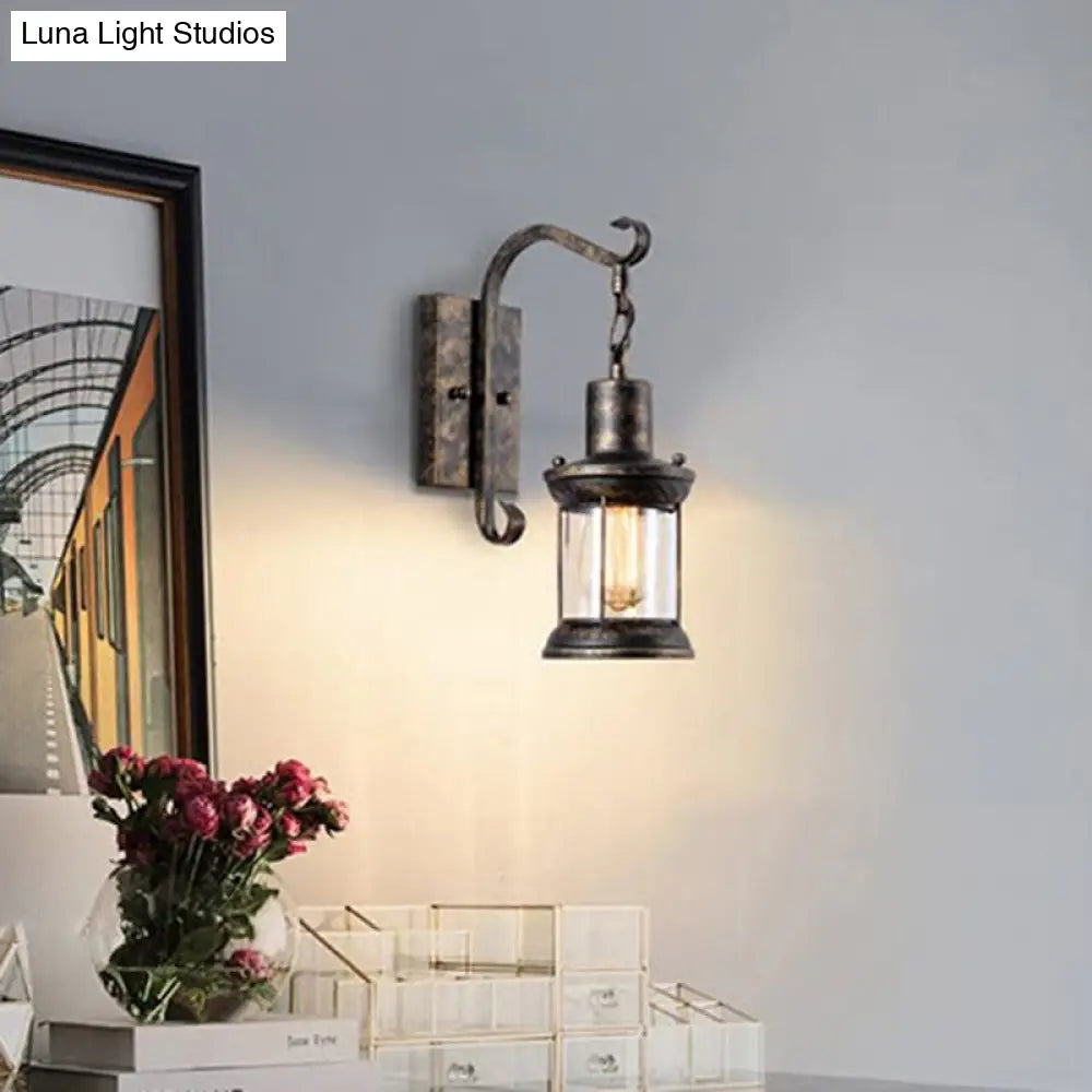 Wandlamp Glazen Lantaarn met Gebogen Arm Brons Zwart Industrieel Design voor Eetkamer Woonkamer Hal Sfeervol