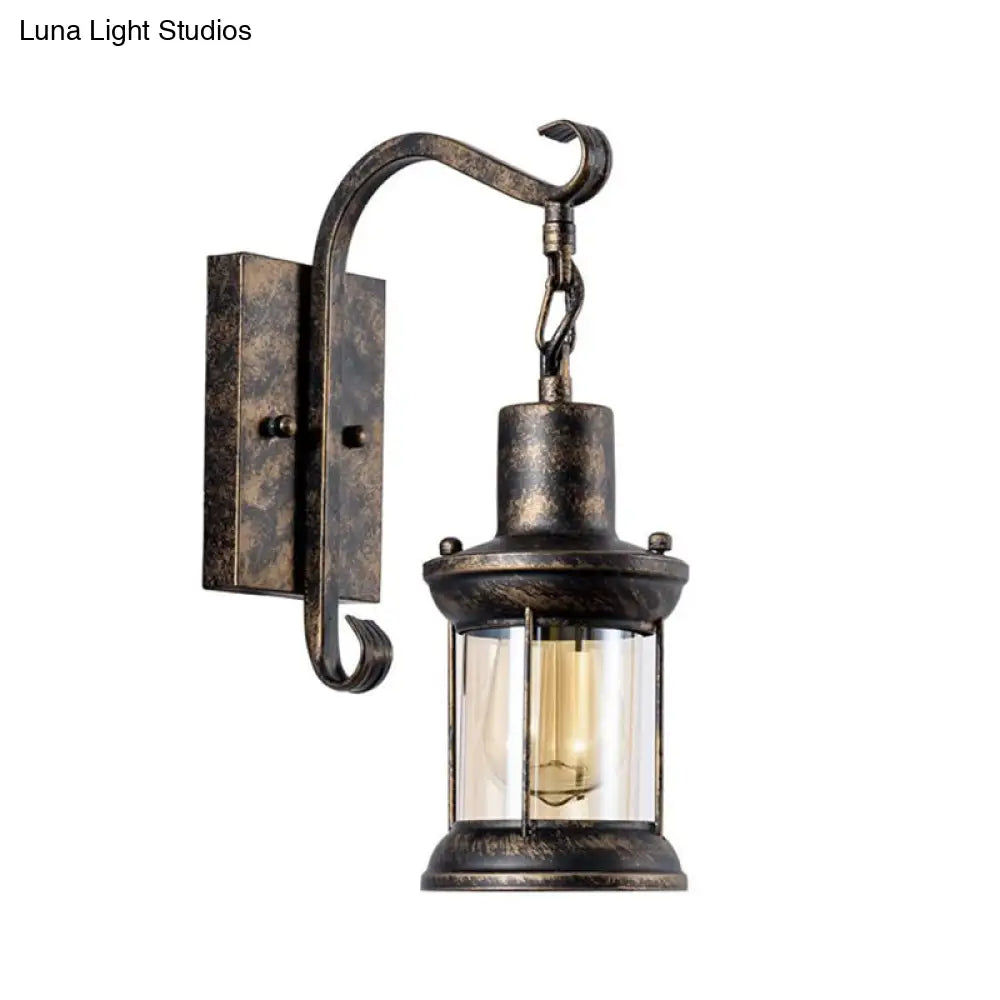 Wandlamp Glazen Lantaarn met Gebogen Arm Brons Zwart Industrieel Design voor Eetkamer Woonkamer Hal Sfeervol