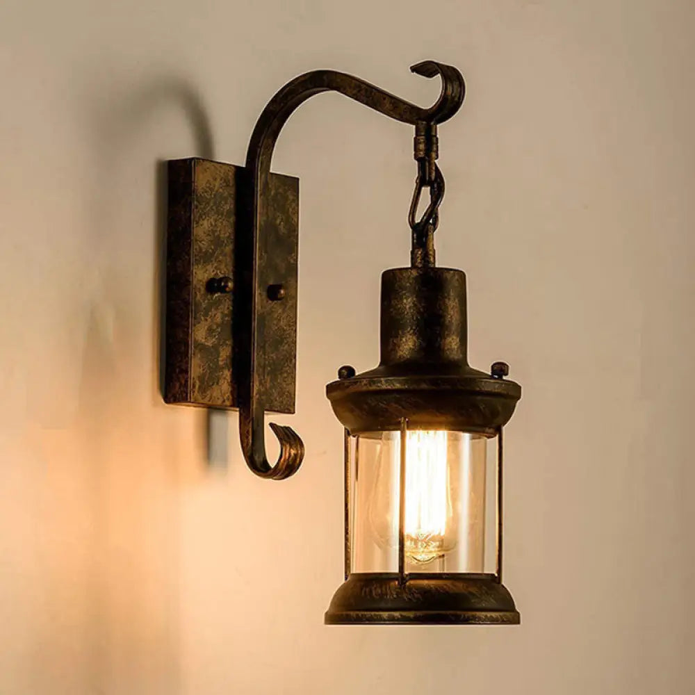 Wandlamp Glazen Lantaarn met Gebogen Arm Brons Zwart Industrieel Design voor Eetkamer Woonkamer Hal Sfeervol