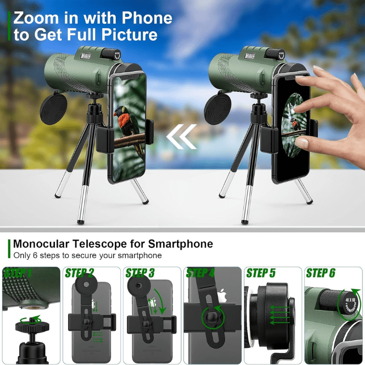 Compacte Monoculaire Verrekijker met HD-lens en Smartphone-adapter voor Wandelen, Vogels Spotten en Sportevenementen