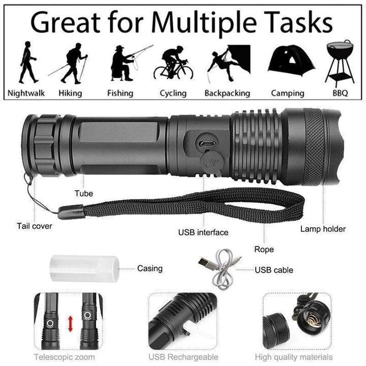 Oplaadbare LED Zaklamp 90000 Lumen Telescopisch USB Aluminium Waterdicht Buiten Camping Jacht Zoeklicht