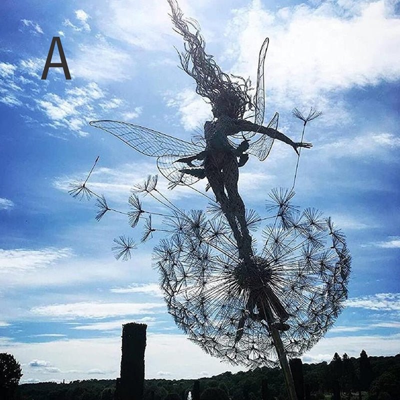 Feë Tuinspinner met Paardenbloem - Windspinner Tuindecoratie 25 cm - IJzeren Tuinsteker met Draaiend Feëfiguur en Paardenbloembloemen - Weervaste Tuinversiering voor Bloembedden en Paden