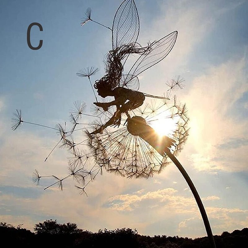 Feë Tuinspinner met Paardenbloem - Windspinner Tuindecoratie 25 cm - IJzeren Tuinsteker met Draaiend Feëfiguur en Paardenbloembloemen - Weervaste Tuinversiering voor Bloembedden en Paden