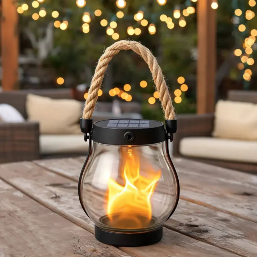 Solar Tuinlantaarn met Flakkerend Vlameffect Buitenverlichting Oplaadbaar Decoratief Metaal Brons Tuin