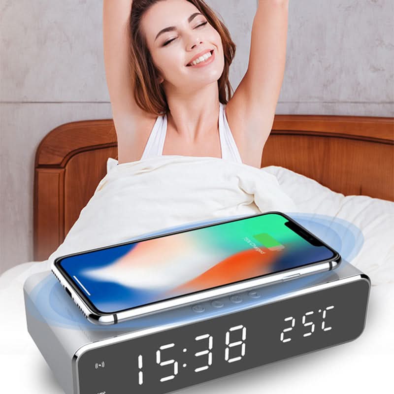 Digitale Wekker met Draadloze Oplader voor Smartphone Nachtkastje Groot LED Display Slaapkamer Zwart Grijs