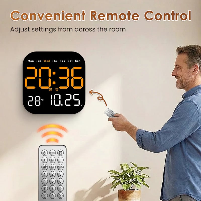 Digitale Wandklok met Afstandsbediening Temperatuurweergave Datum Dimbaar Modern Design voor Kantoor Slaapkamer