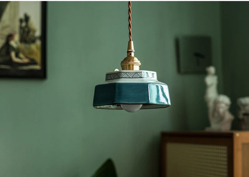 Handgeschilderde Keramische Hanglamp - Scandinavische Stijl met Koperen Fitting