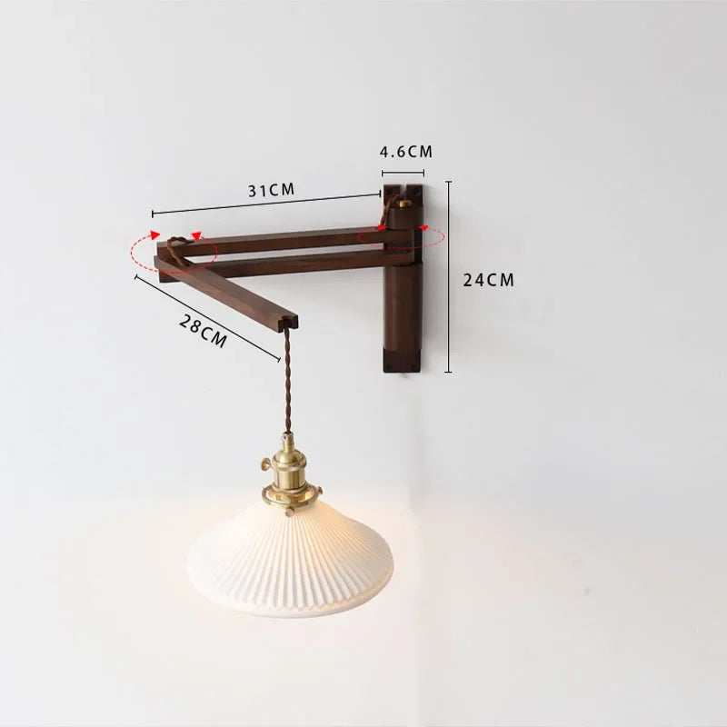 Verstelbare Houten Wandlamp met Keramieke Kap - Landelijke Stijl met Knopschakelaar