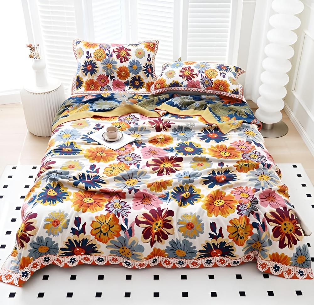 Katoenen Plaid met Kleurrijk Bloemdesign - Zacht & Omkeerbaar - Multifunctioneel voor Bank of Bed