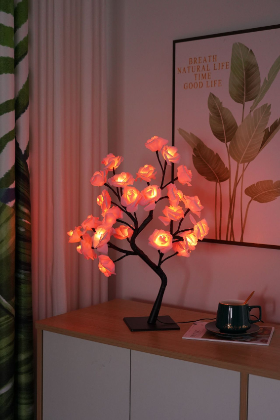 LED Bloesemtaklamp met 24 Bloemen Warm Wit 40cm - Decoratieve Sfeerverlichting Interieur Kunstbloemen op Batterij USB Tafellamp