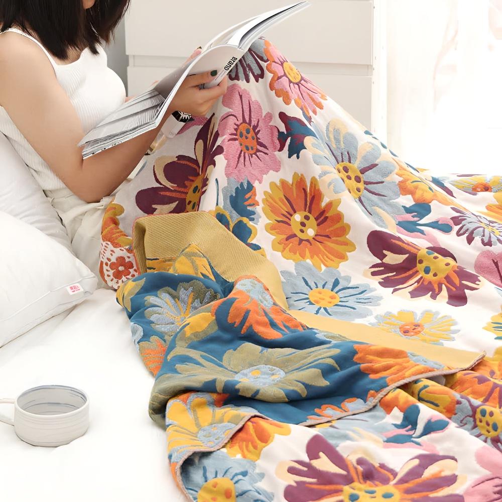 Katoenen Plaid met Kleurrijk Bloemdesign - Zacht & Omkeerbaar - Multifunctioneel voor Bank of Bed