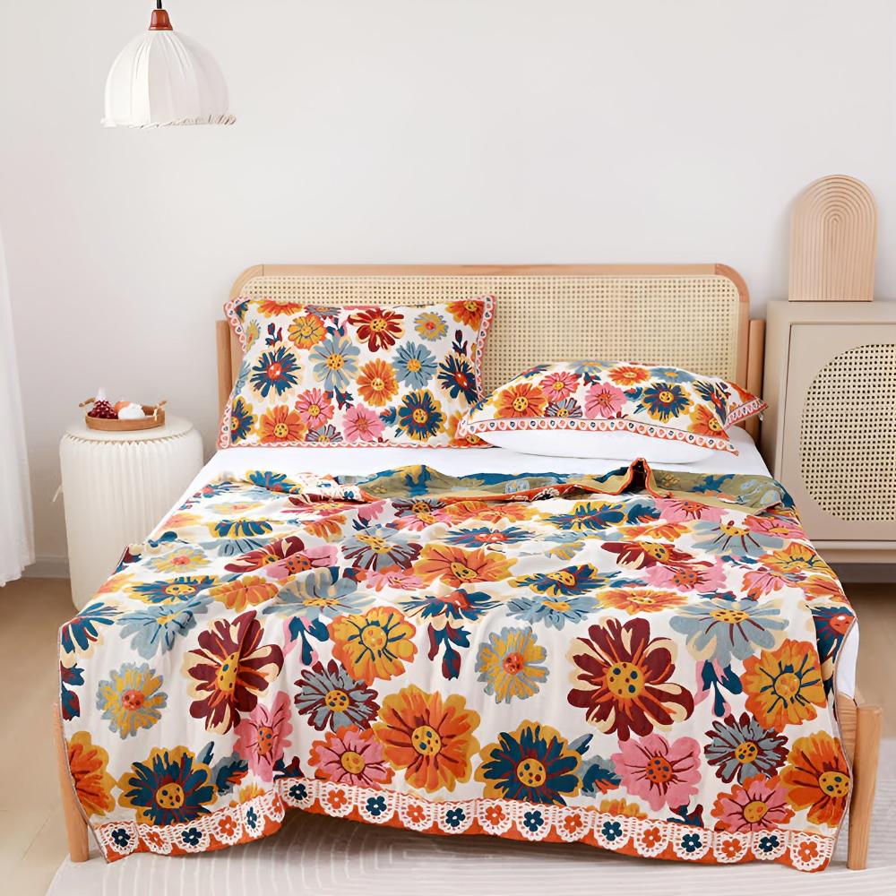 Katoenen Plaid met Kleurrijk Bloemdesign - Zacht & Omkeerbaar - Multifunctioneel voor Bank of Bed