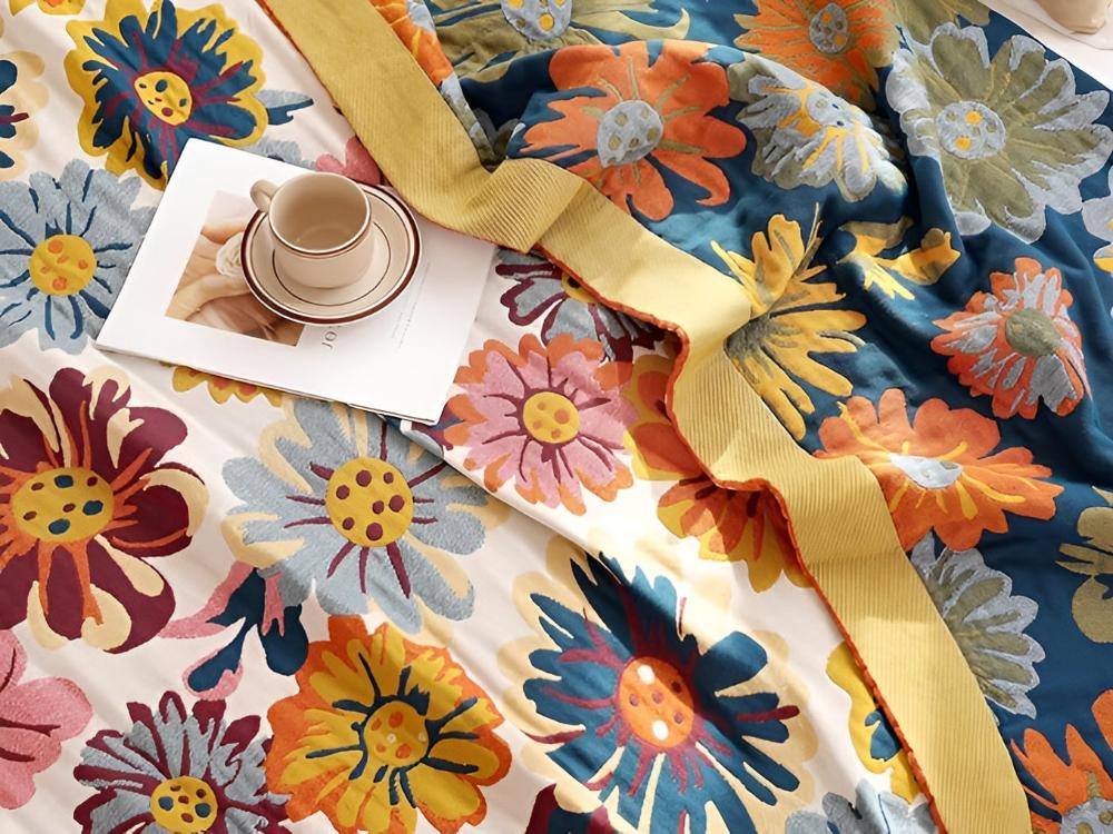 Katoenen Plaid met Kleurrijk Bloemdesign - Zacht & Omkeerbaar - Multifunctioneel voor Bank of Bed