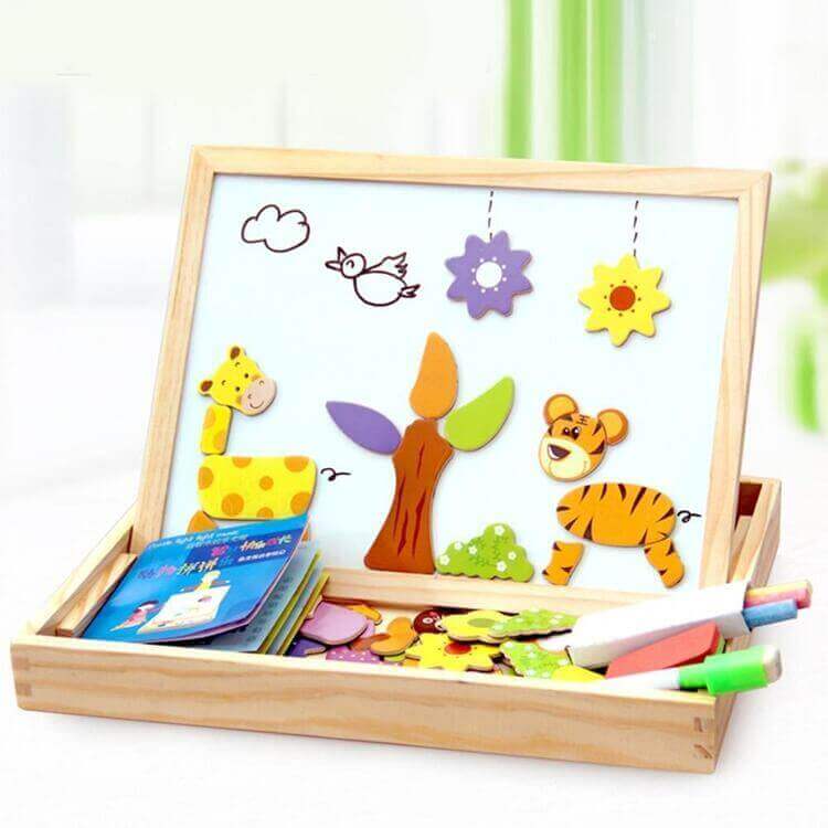 Magnetisch Teken- en Puzzelbord Hout - Dubbelzijdig Whiteboard en Schoolbord - Educatief Speelgoed met Magnetische Stukken - 30x23x3 cm