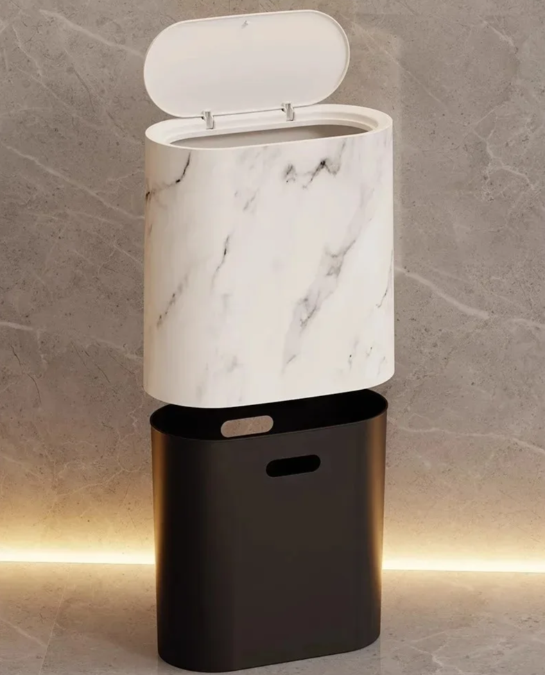 Afvalbak Marmerdesign Ellips Push Deksel Badkamer WC Kantoor Nordic Scandinavisch Compact Hygiënisch