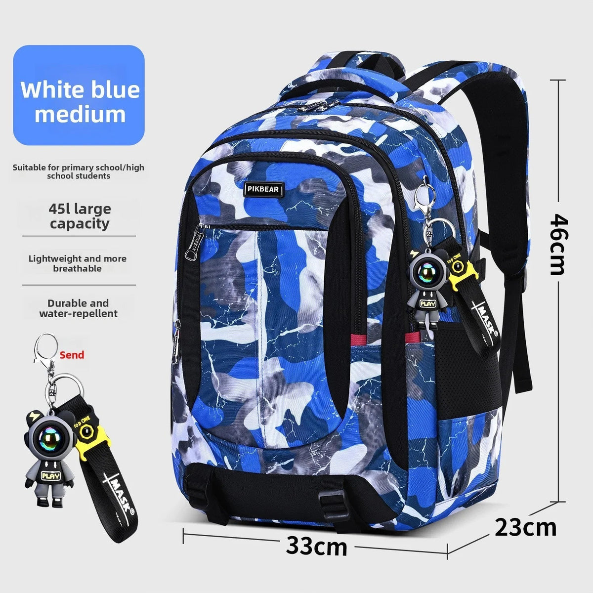 Schoolrugzak M/L met Laptopvak Zwart Blauw Camouflage Ergonomisch Comfortabel voor Dagelijks Gebruik en School