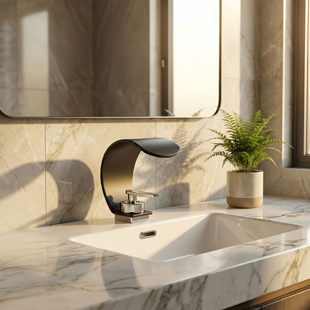 Waterval Wastafelkraan Gebogen Chroom RVS Spiegelfinis Ééngreeps Eengatsmontage Moderne Badkamer Kraan