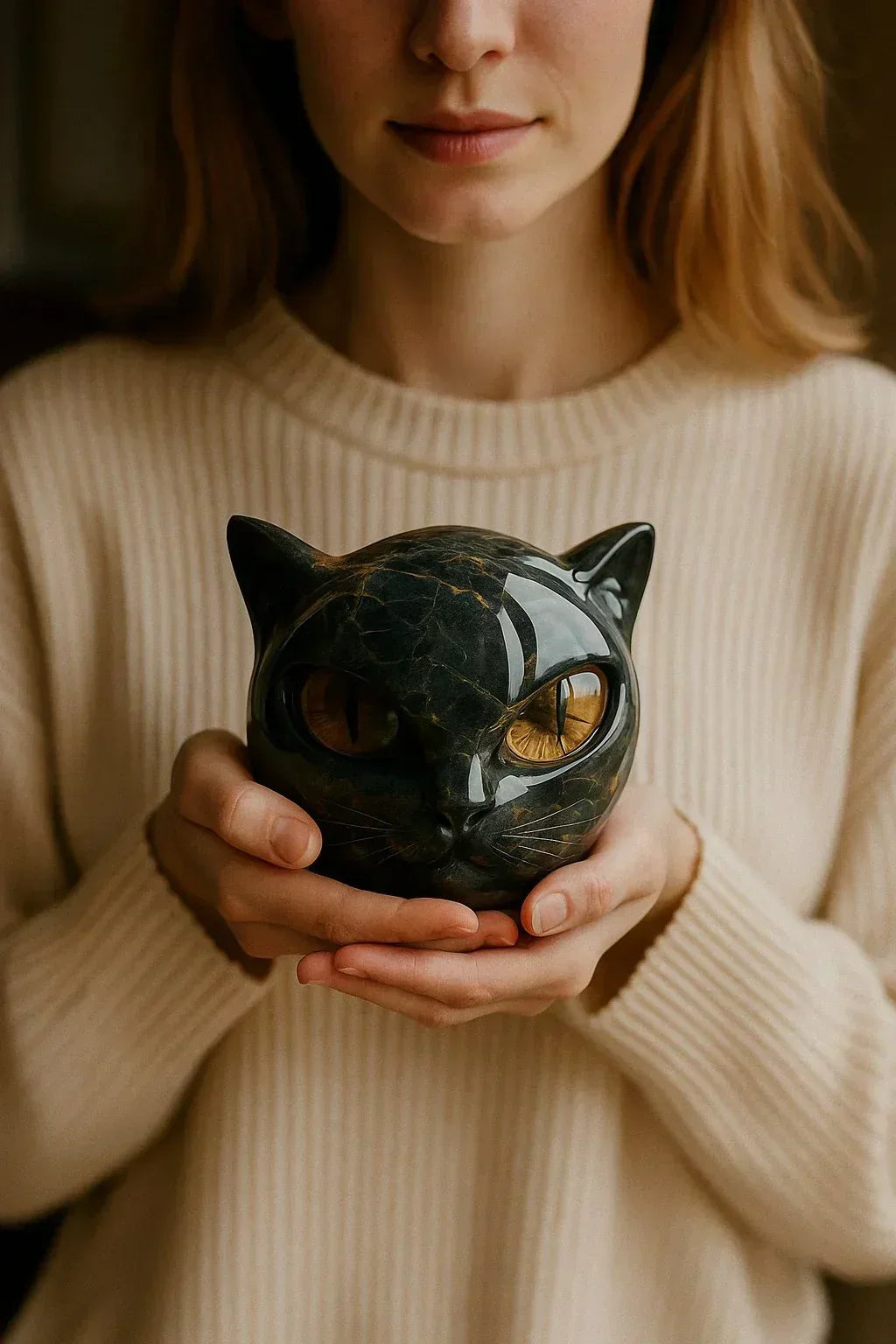 Decoratieve Kattenkop Sculptuur - Glanzende Afwerking met Hypnotiserende Ogen