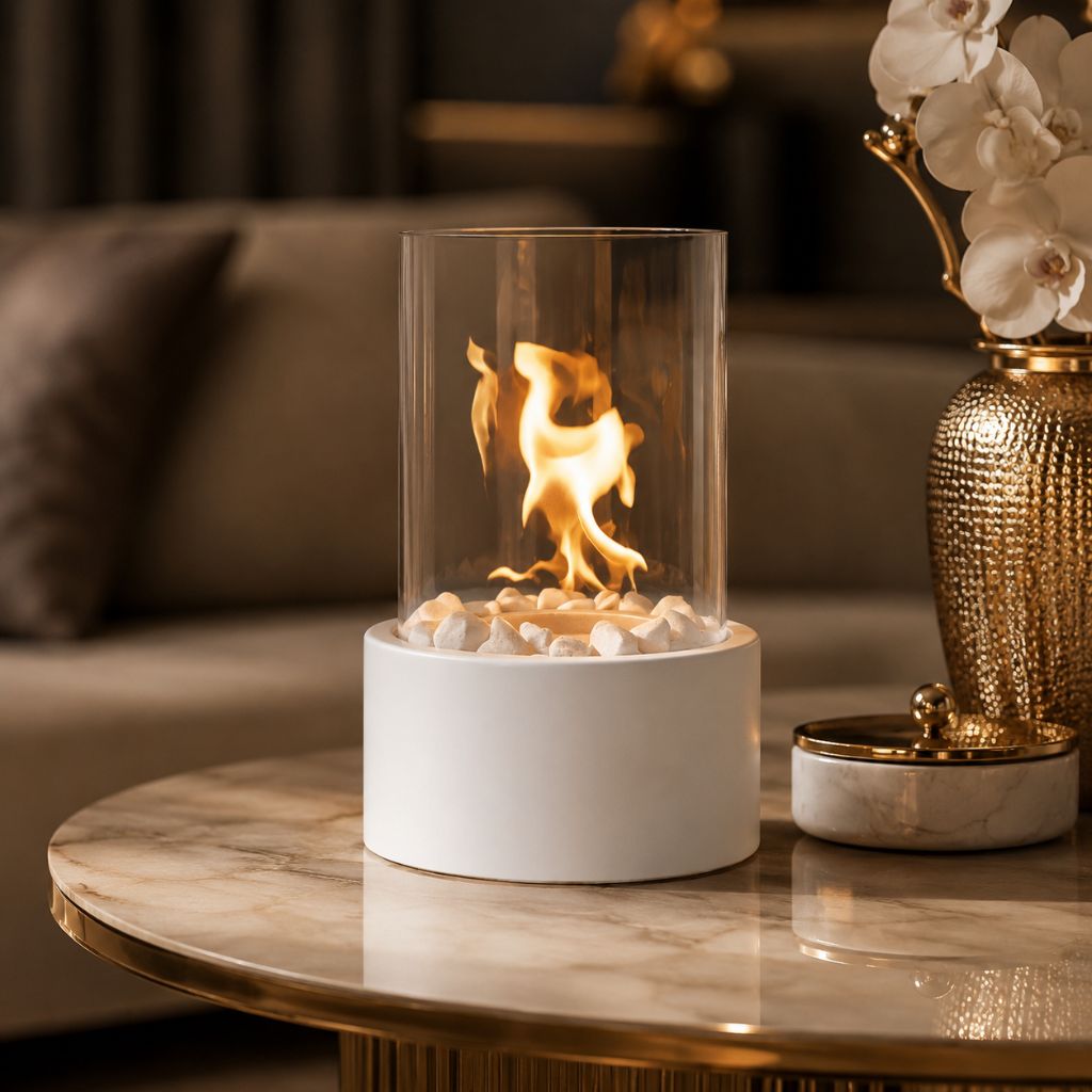 Tafel Vuurkorf Cilinder Glas Marmer Bioethanol Binnen Buiten Terras Eetkamer Hygge Sfeerverlichting Sfeerhaard