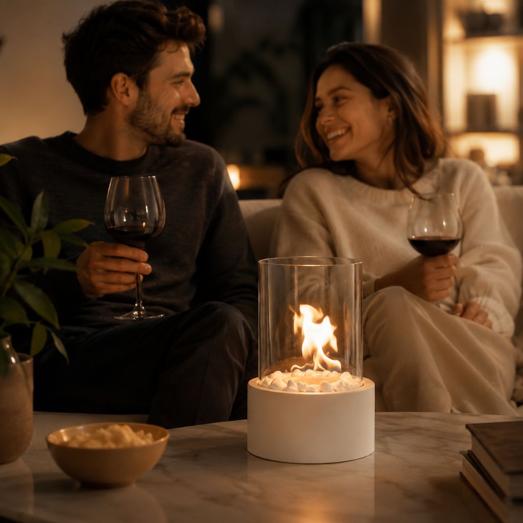 Tafel Vuurkorf Cilinder Glas Marmer Bioethanol Binnen Buiten Terras Eetkamer Hygge Sfeerverlichting Sfeerhaard