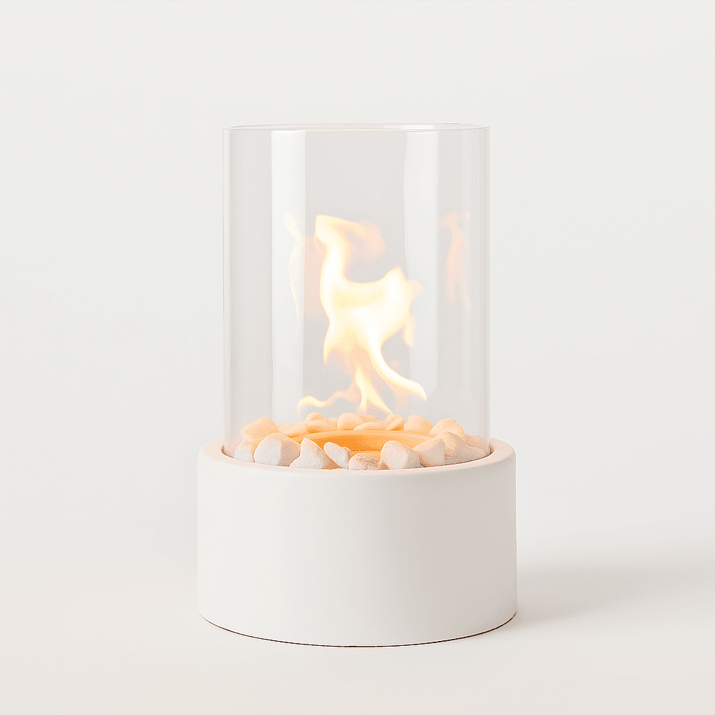 Tafel Vuurkorf Cilinder Glas Marmer Bioethanol Binnen Buiten Terras Eetkamer Hygge Sfeerverlichting Sfeerhaard