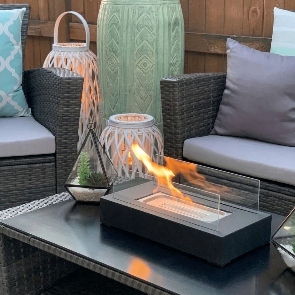 Tafel Vuurkorf Rechthoekig Gehard Glas Bio-Ethanol Sfeerverwarming Binnen Buiten Draagbaar Modern Design