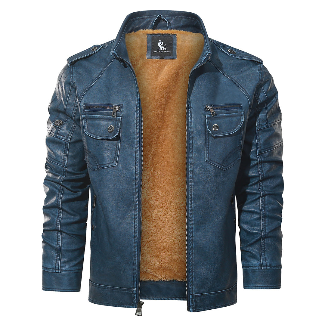 Fleece Bikerjack Heren Dames Blauw PU Leder Waterafstotend Slijtvast Robuust Motorjas Winter Warm Comfort
