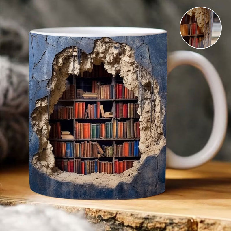Keramische Mok met 3D-Boekenplankdesign - Gezellige Mokken voor Boekenliefhebbers