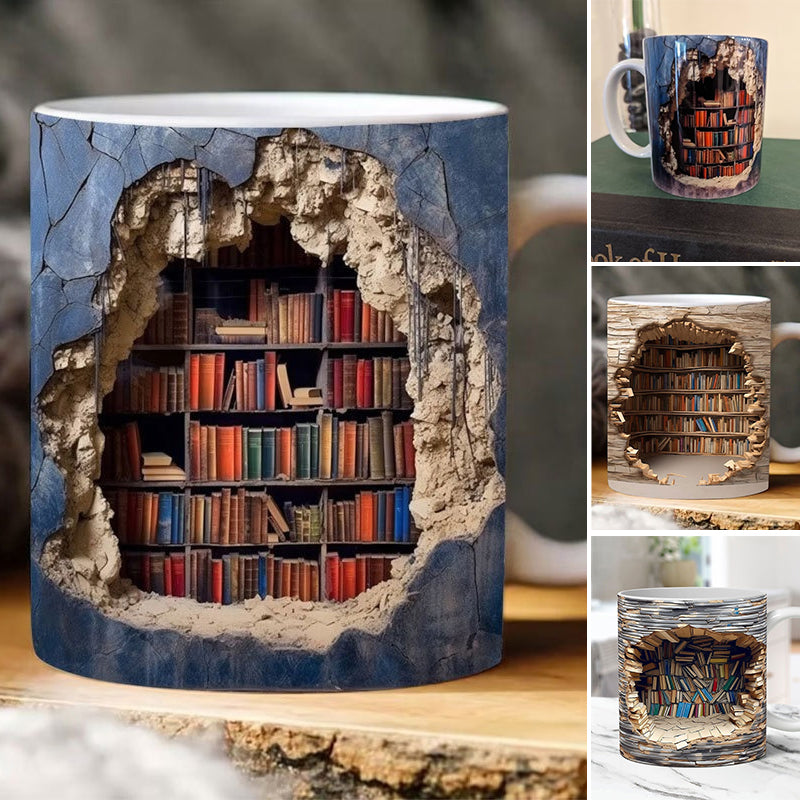 Keramische Mok met 3D-Boekenplankdesign - Gezellige Mokken voor Boekenliefhebbers
