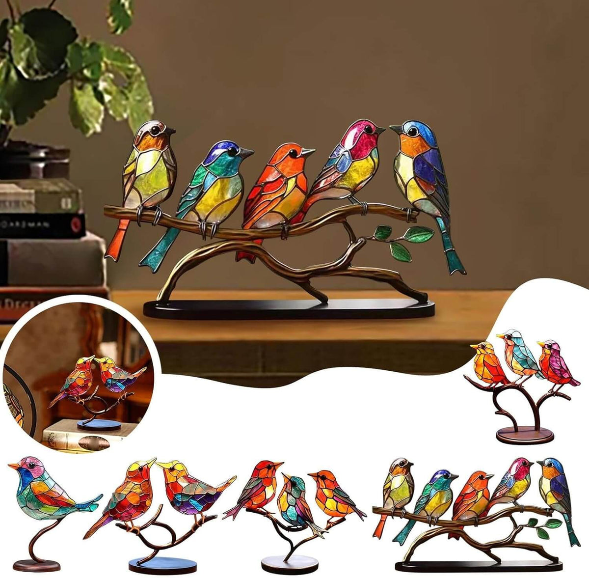 Glazen Vogelfiguren op Glazen Tak Decoratie - Set van 1, 2, 3 of 5 Vogels - Handgemaakte Sierlijke Tafeldecoratie met Gekleurde Glazen Vogeltjes - Interieurobject