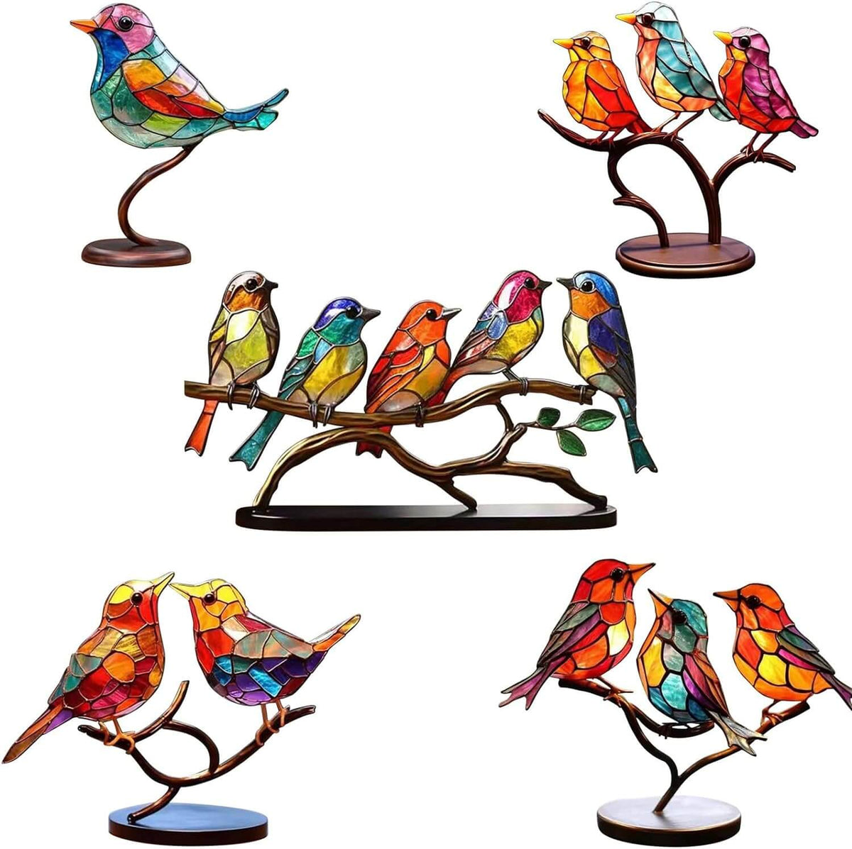 Decoratieve Glazen Vogels op Tak - Kleurrijke Bureaubladornamenten voor Natuur in je Interieur