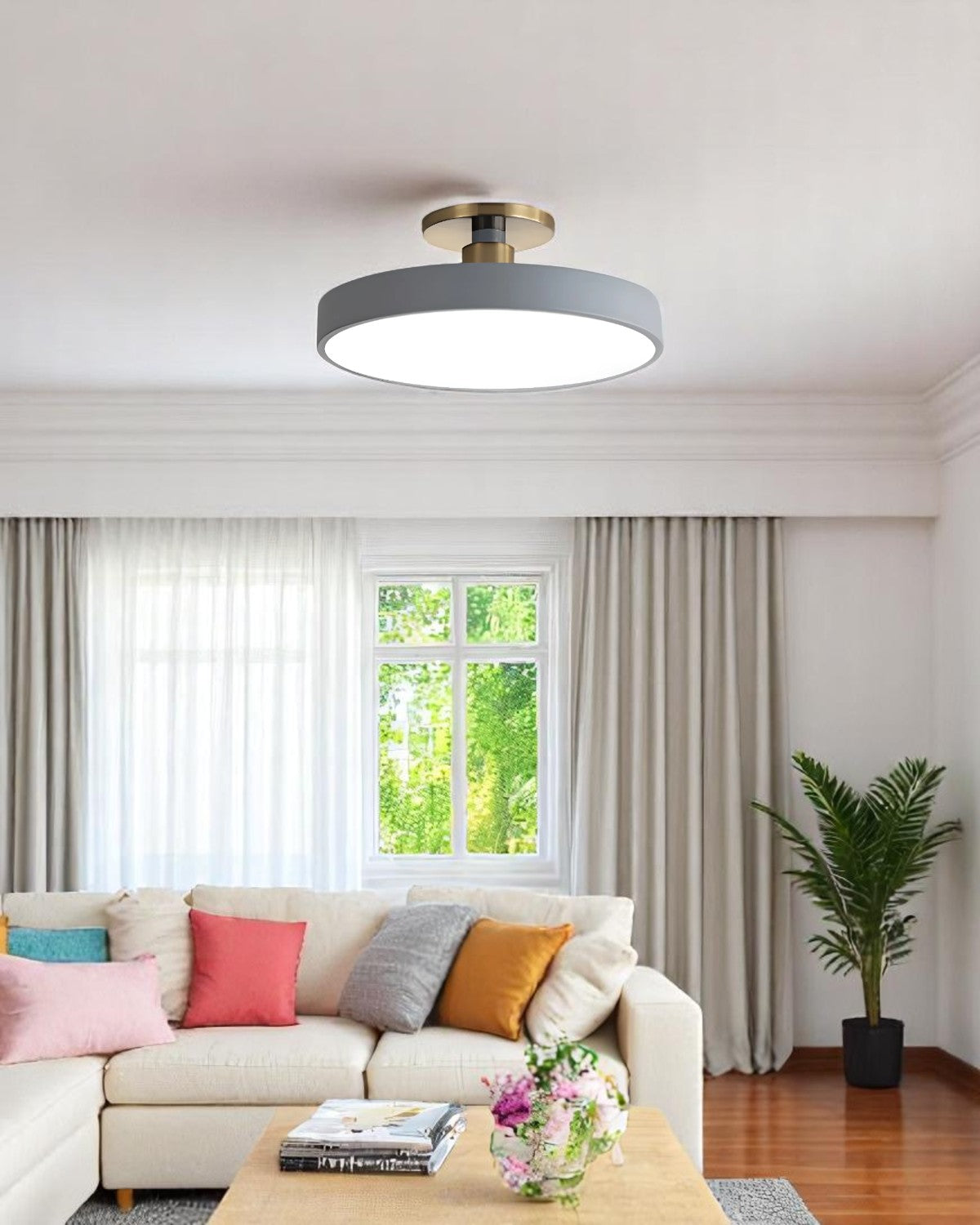 Moderne ronde plafondlamp met goud detail en acryl diffuser - minimalistische semi flush design verlichting voor woonkamer en slaapkamer