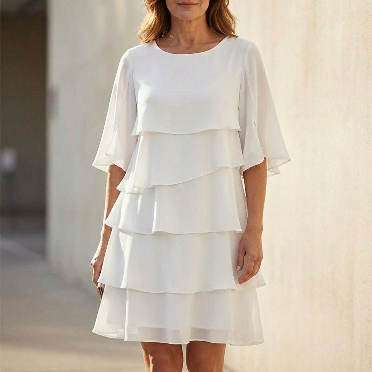 Gelaagde Ruffle Jurk voor Vrouwen - Vloeiende Chiffon met Vleugelmouwen & 4 Lagen