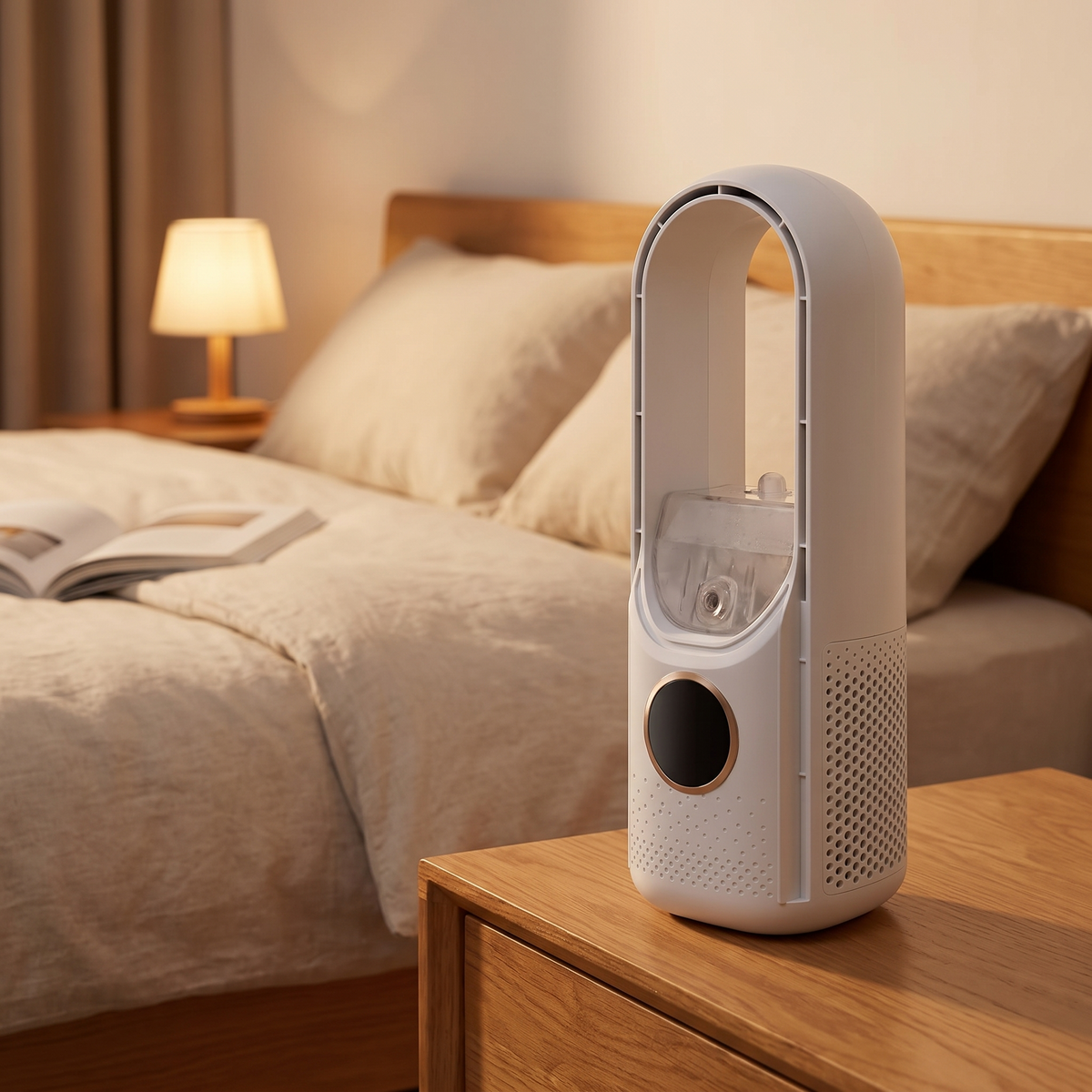 Bladloze Ventilator Draadloos Oplaadbaar Stil Nachtkastje Slaapkamer Wit Blauw 30,5cm