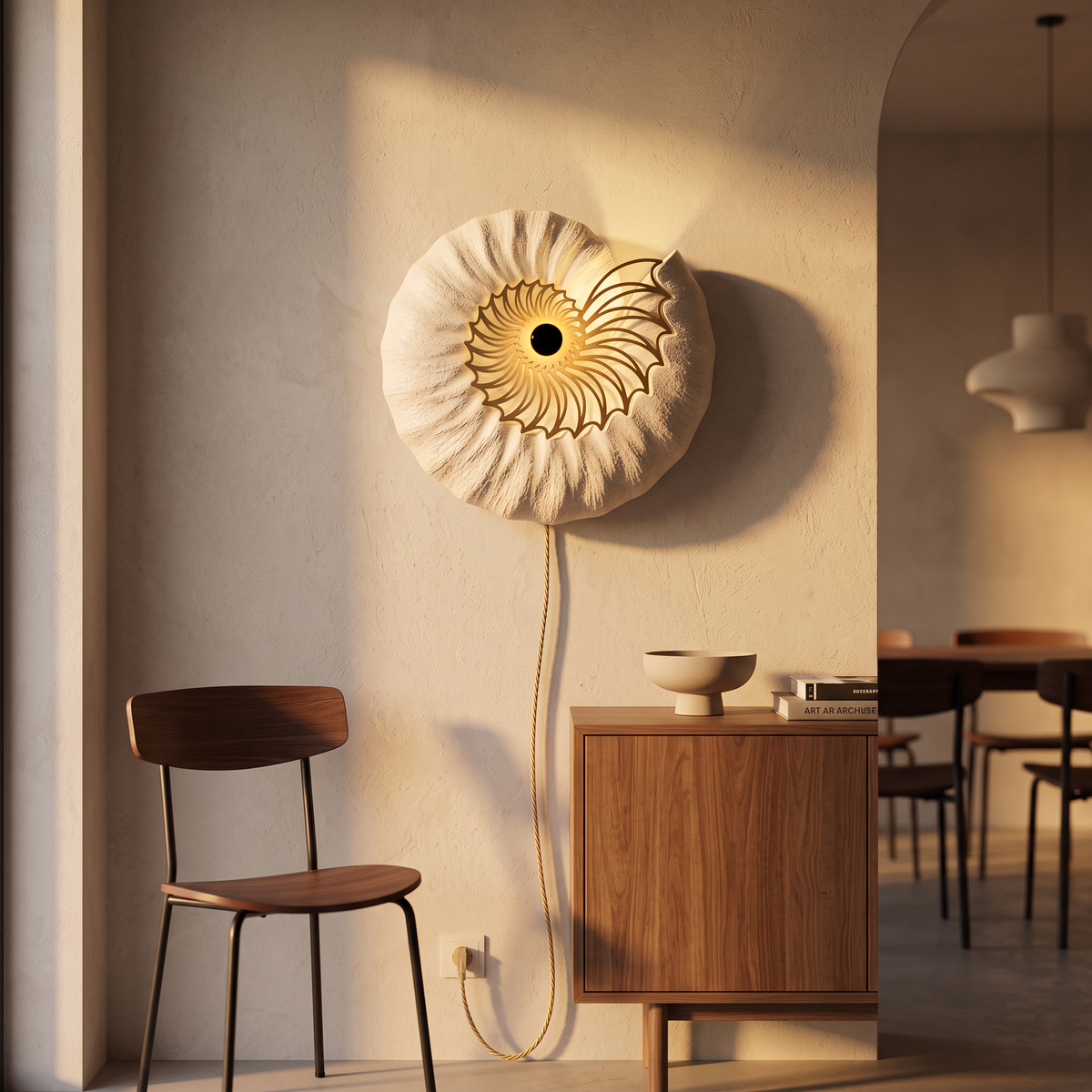 Ronde Wandlamp 50 cm Goud Keramiek Handgemaakt LED Drukknop Snoer 150 cm