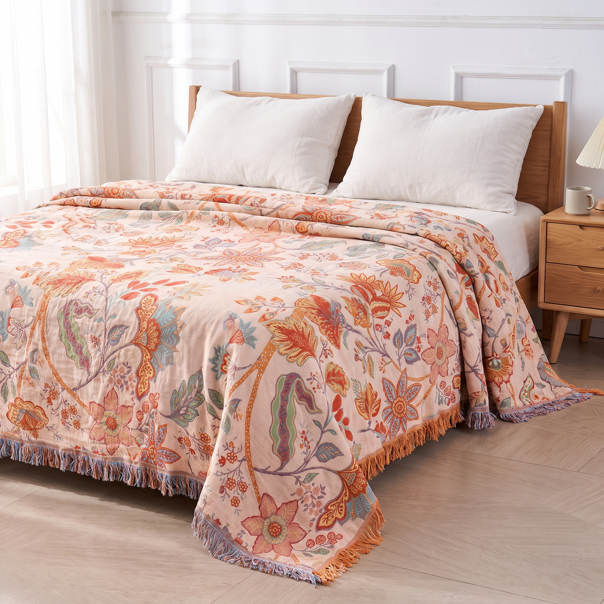 Bedsprei 230x250 cm Katoen Boho Bloemenmotief Franjes Tweepersoons Sprei Oranje Blauw Crème