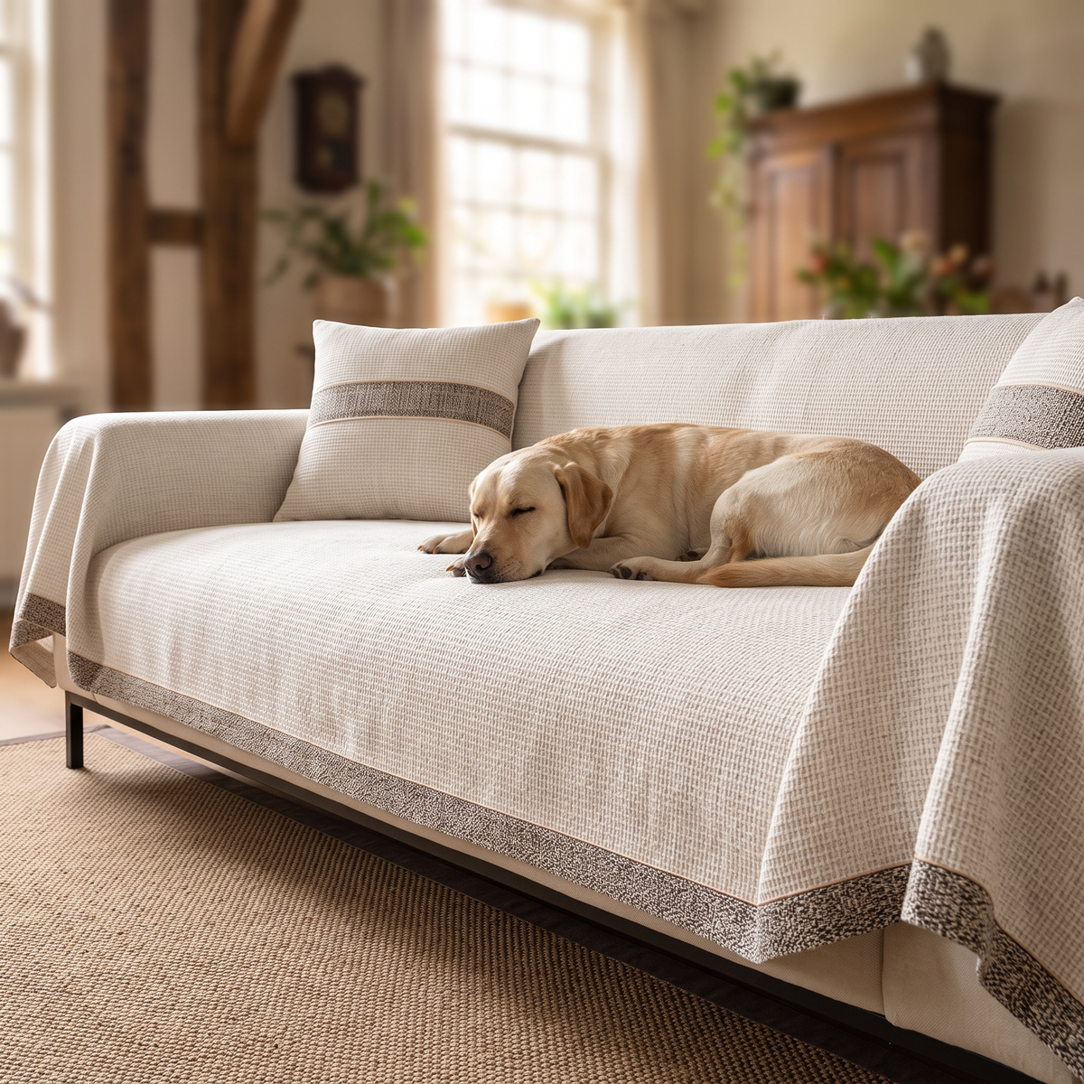 Bankhoes Hond Antislip Katoen-Linnen 70x210 tot 110x240 cm Wasbaar op 30 Graden Wit Beige